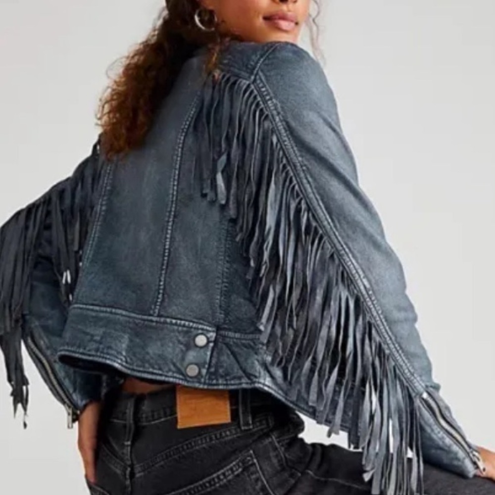 Free People, MAURITIUS, Zoe Fringe Biker Jacket, Lamb Leather, XL Blue-grey